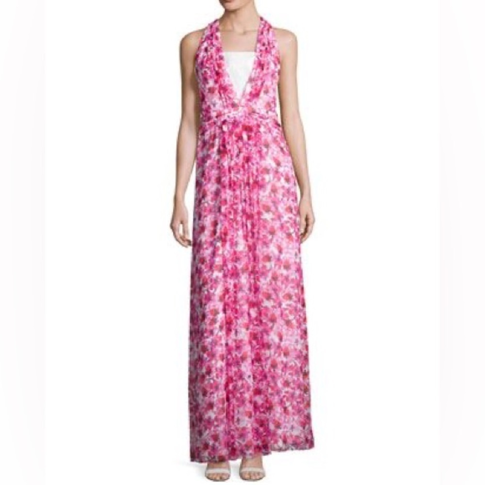 Kay Unger Pink Silk Metallic Floral Lace Panel Garden Party Summer Maxi Dress
